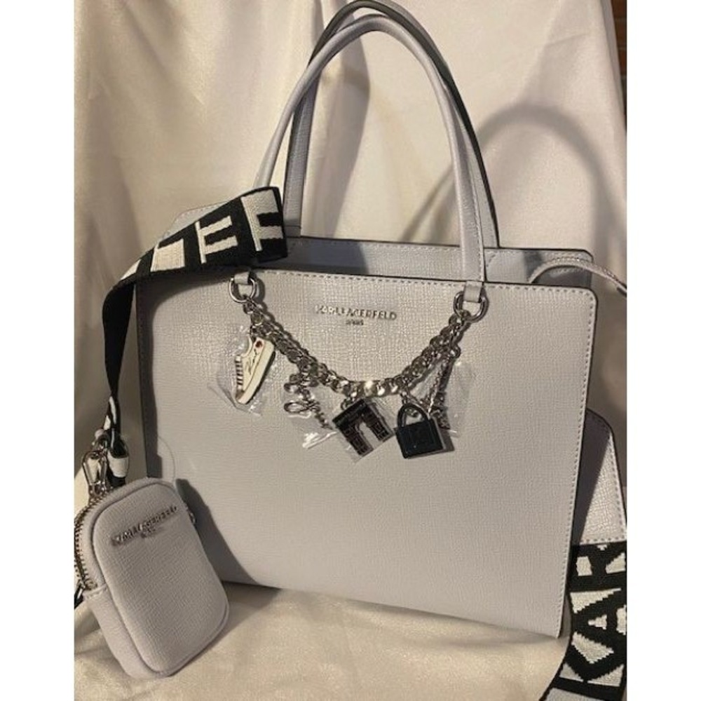 NWT~KARL LAGERFELD LEATHER ICE BLUE C/B DBL HANDLE BAG COIN PURSE 5 SILVR CHARMS